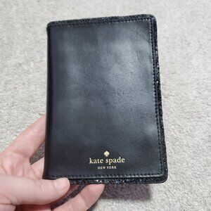 KATE SPADE Passport Holder Card Wallet Leather Glitter Edge Black Gold 4" x 6"